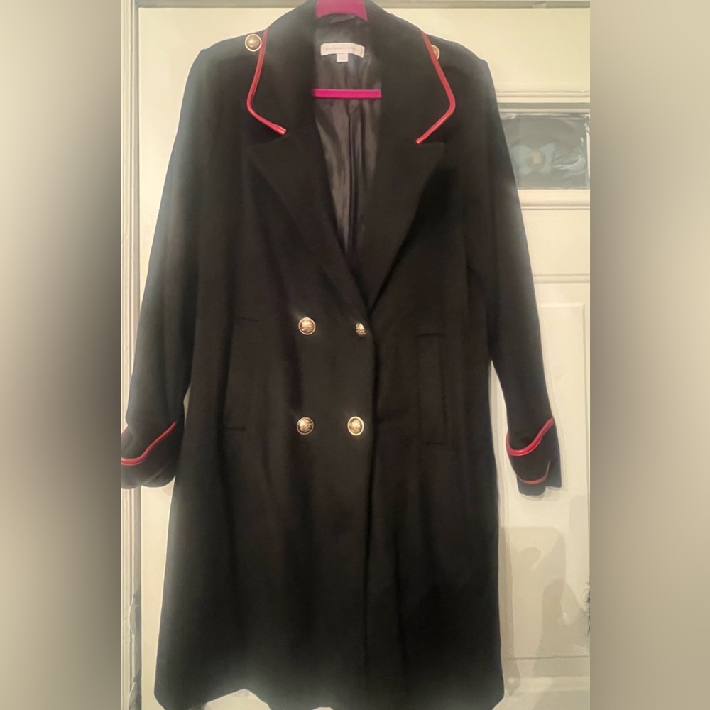 New York & Company Black Pea Coat with Red Accents